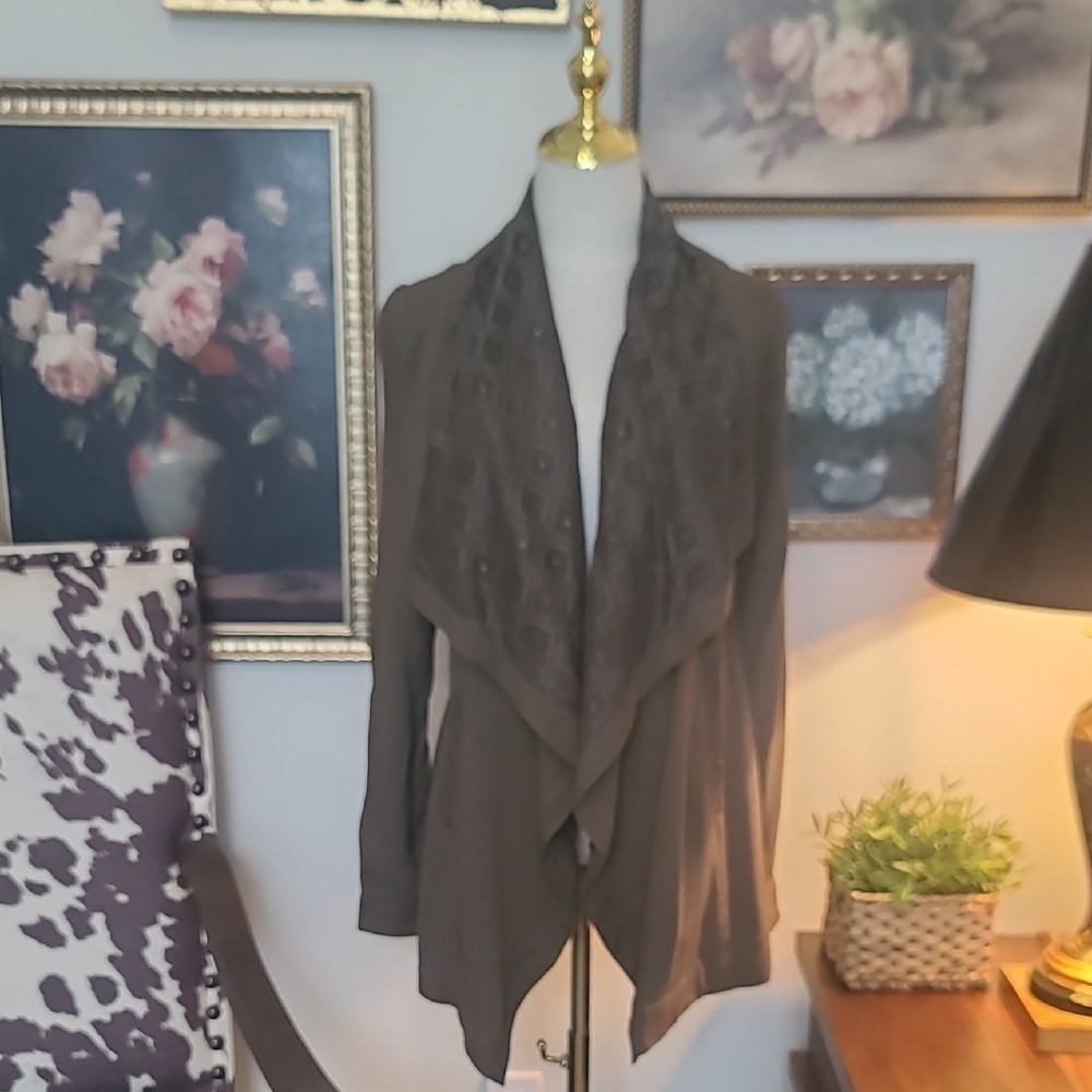 Draped Open Front Cardigan Jacket in Olive
